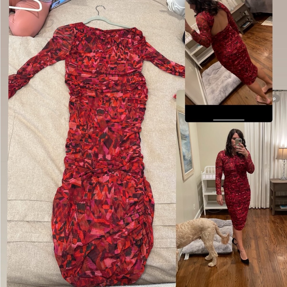 Misa Los Angeles Red and Pink Geometric Long Sleeve Dress